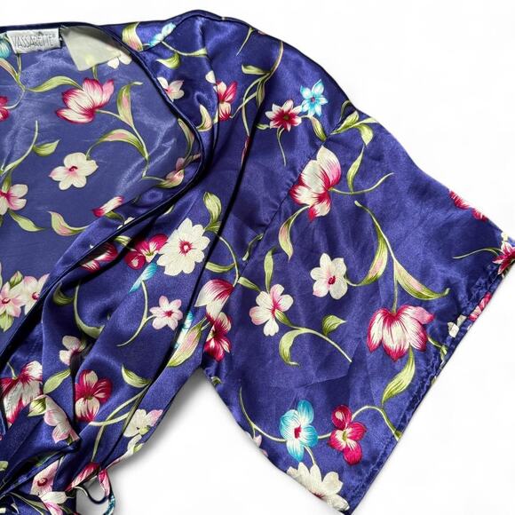 Vintage 80s Vassarette Satin Floral Kimono Robe Belted Lounge Sleepwear - Picture 3 of 8